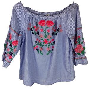 Crown And Ivy Womens Off The Shoulder Blue Stripe Embroidered Floral Top Sz XXL